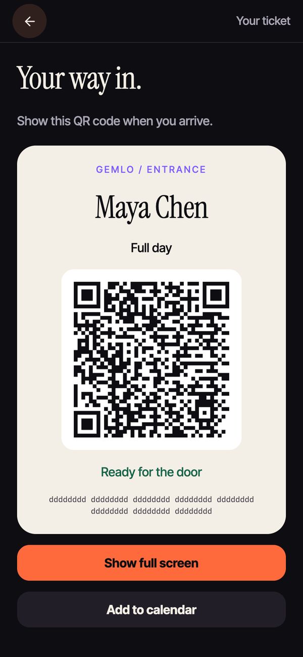 Ticket screen with a QR code and an Add to calendar button