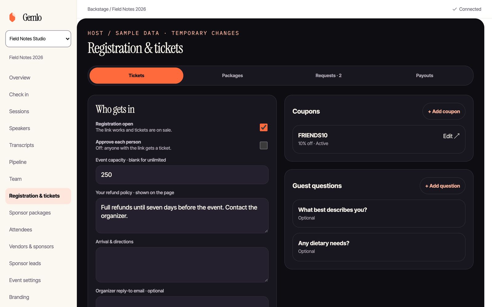 Web console: registration settings, a FRIENDS10 coupon and guest questions