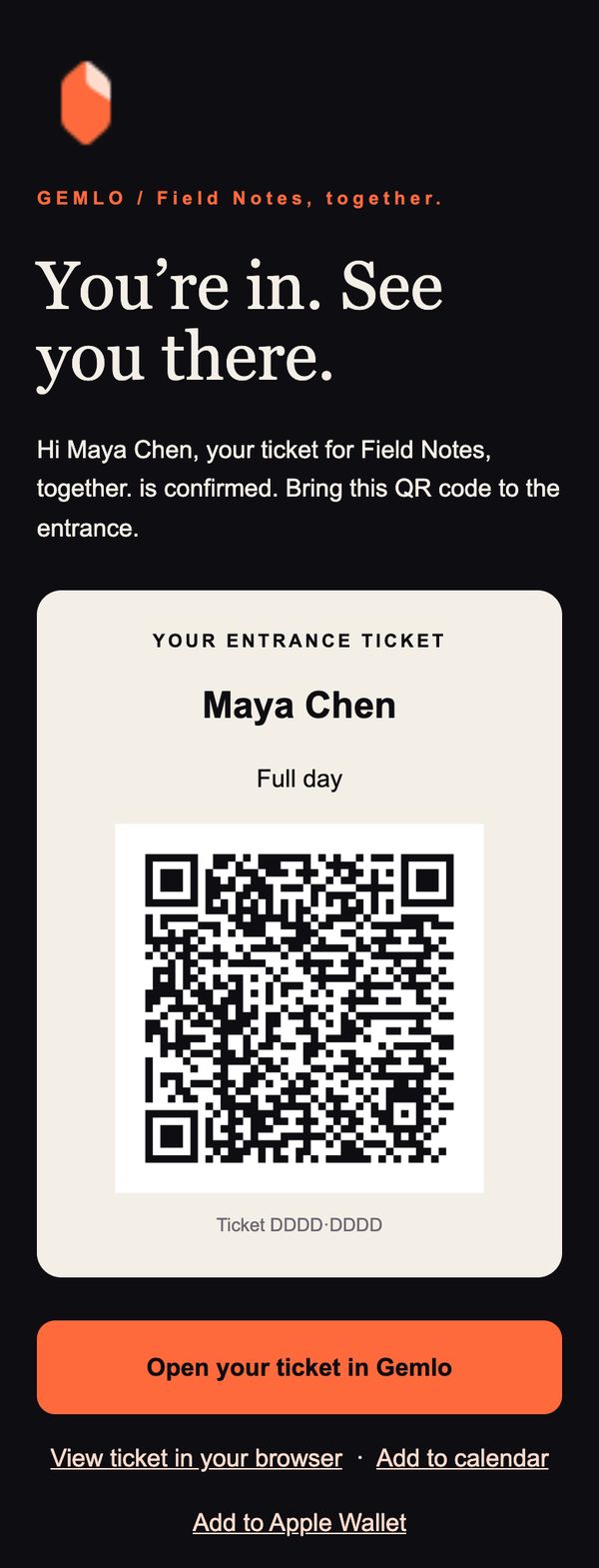 Confirmation email with the entrance QR, Add to calendar and Add to Apple Wallet links