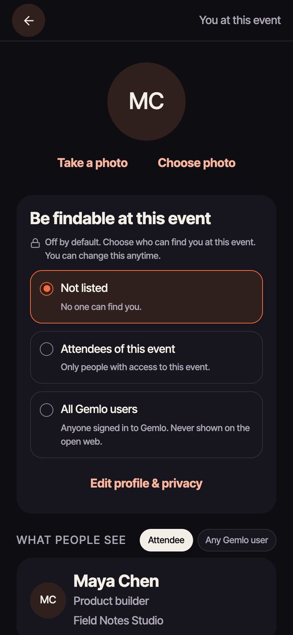 Be findable at this event: Not listed, attendees of this event, or all Gemlo users