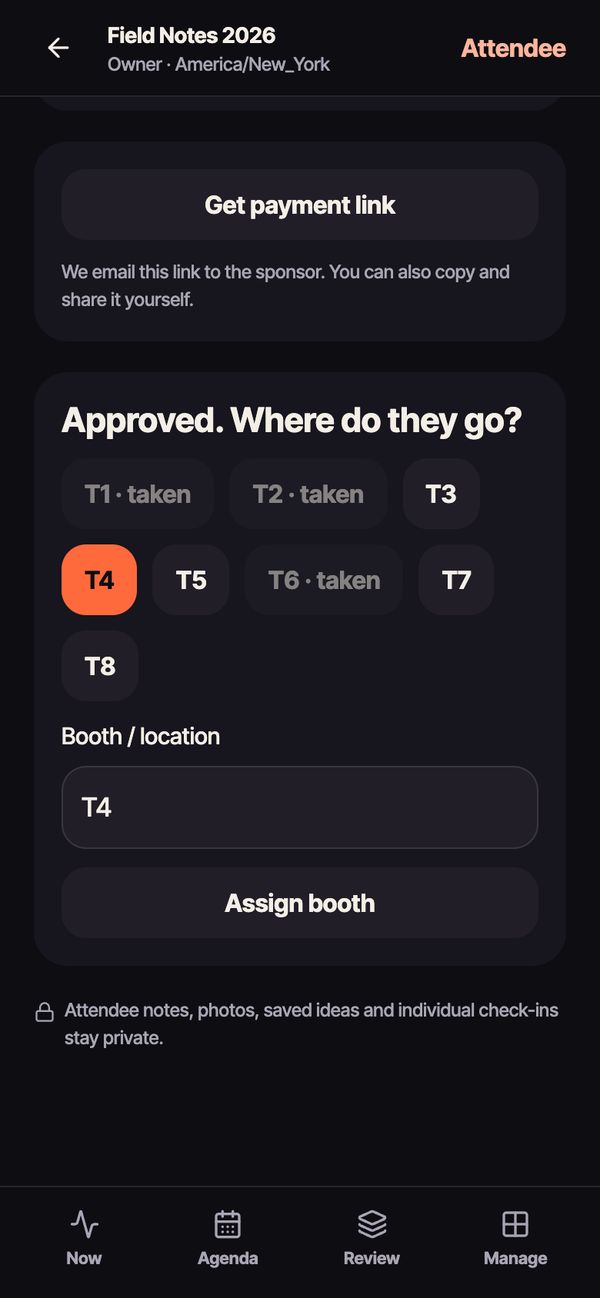 Approving a sponsor and picking booth T4