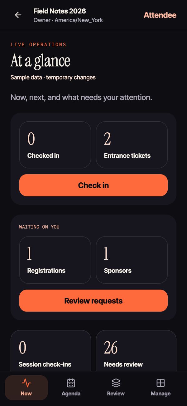 Host dashboard: check-ins, tickets, requests waiting and takeaways to review