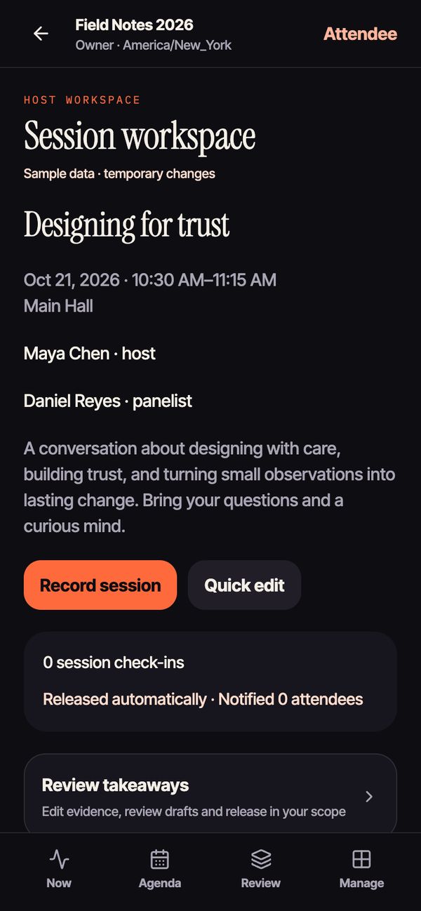 Session workspace with a Record session button