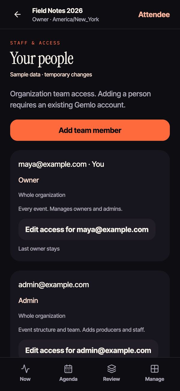 Team screen listing staff with their roles