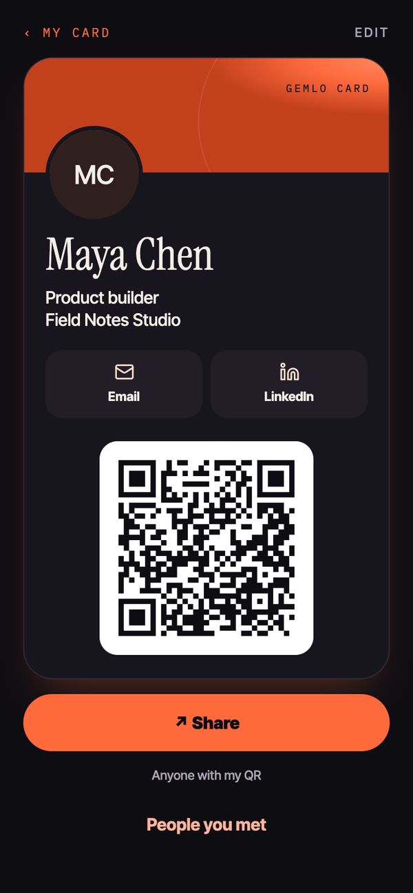 My card screen with a QR code to swap contact details