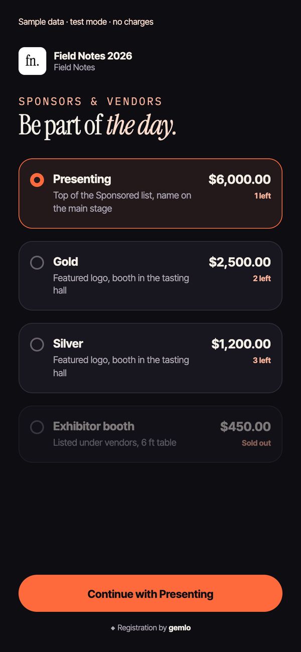 Sponsor application page listing packages and prices