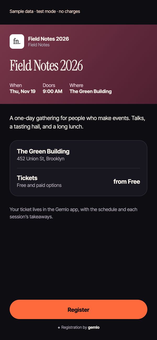 Public registration page with event details and a Register button