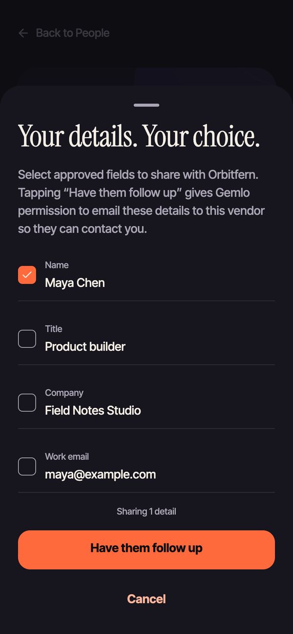 Have them follow up sheet: choose which details to share with a vendor
